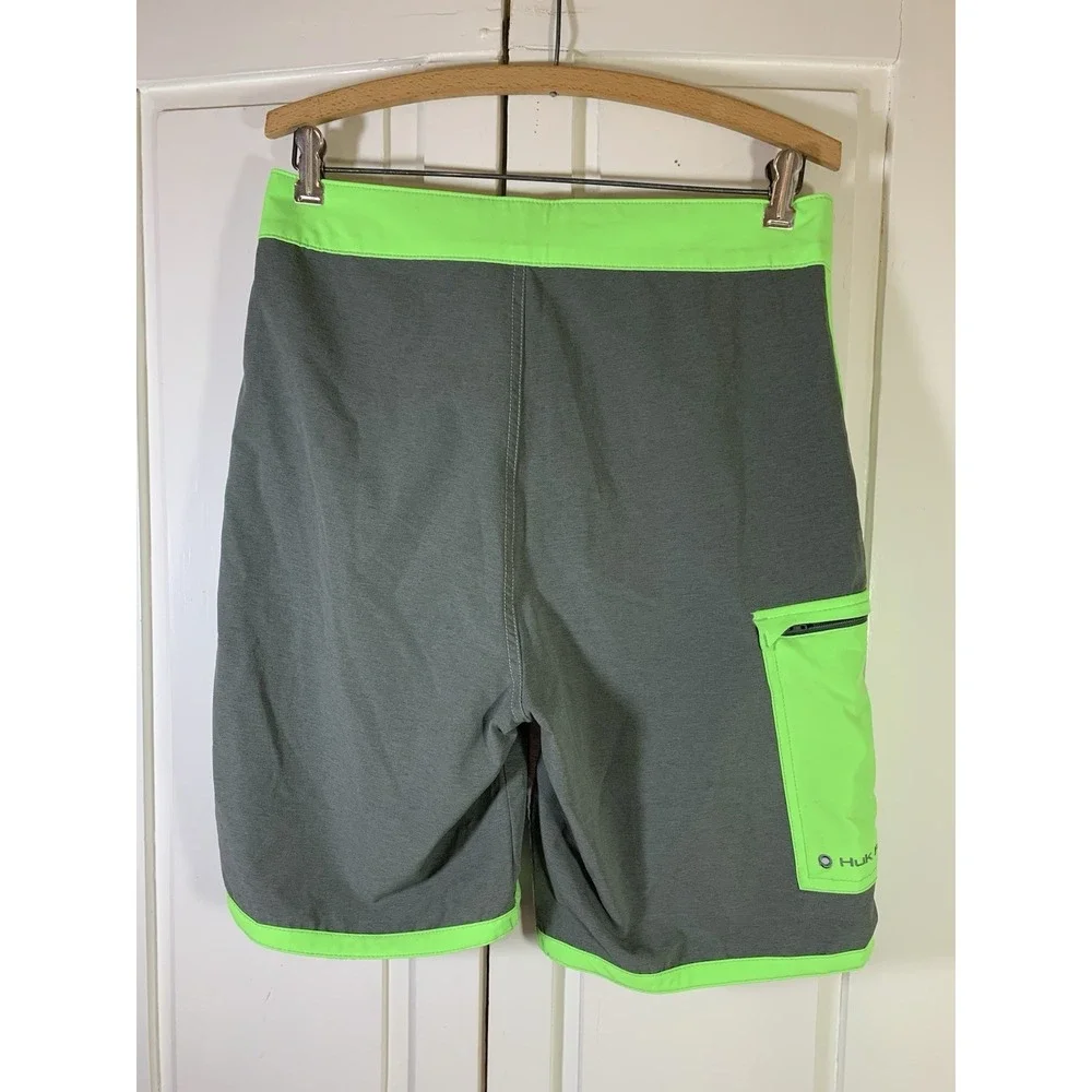 HUK Performance Fishing Board Shorts Swim Trunks Gray Neon Green Mens Sz 30 Lace